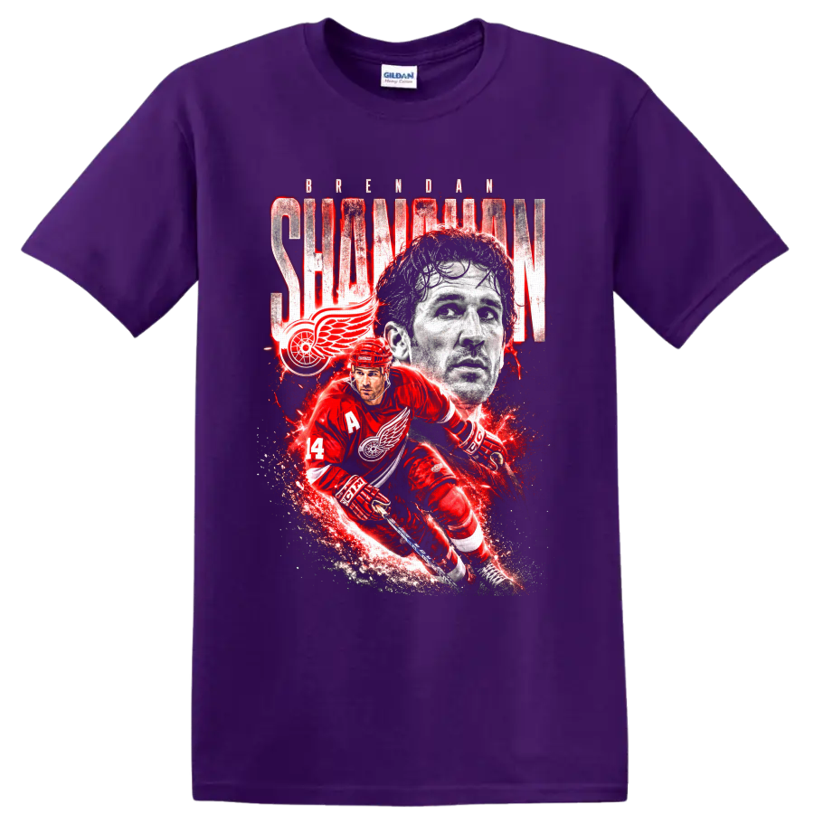 Brendan Shanahan Detroit Red Wings number 14 hockey action portrait graphic on a Purple T Shirt