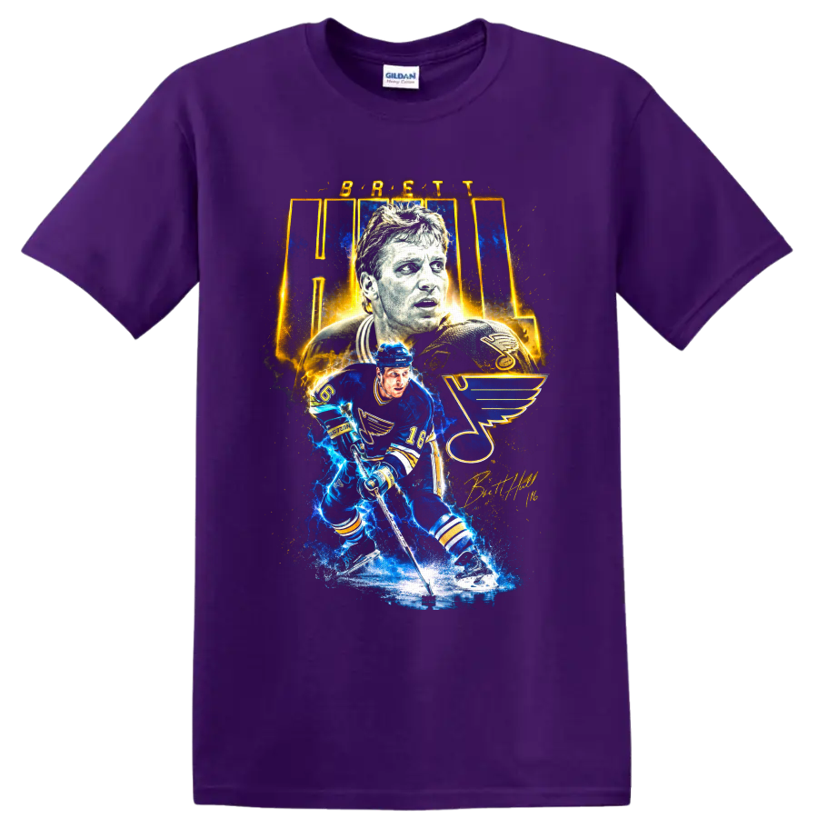 Brett Hull number 16 St. Louis Blues electric hockey tribute graphic on a Purple T Shirt