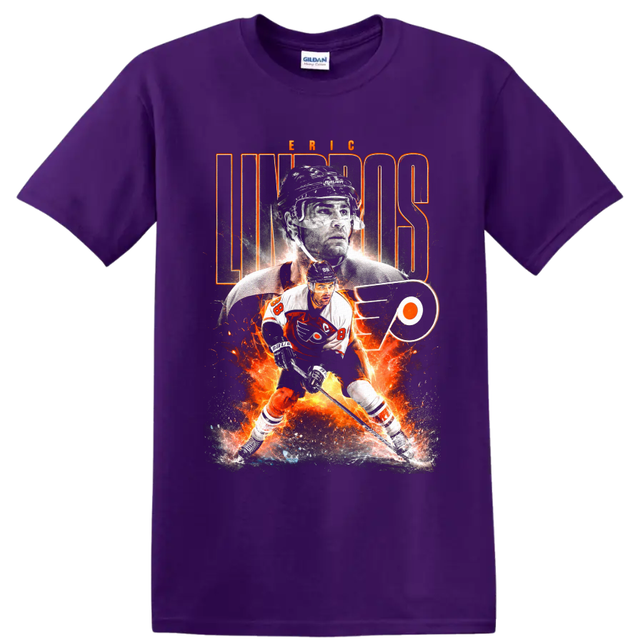 Eric Lindros Philadelphia Flyers hockey collage with fiery graphics and team logo on a Purple T Shirt
