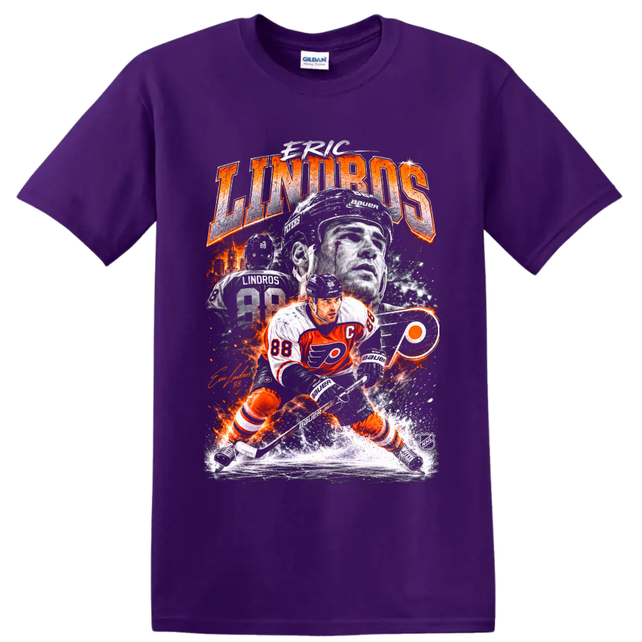 Eric Lindros Philadelphia Flyers vintage hockey collage with number 88 and bold lettering on a Purple T Shirt
