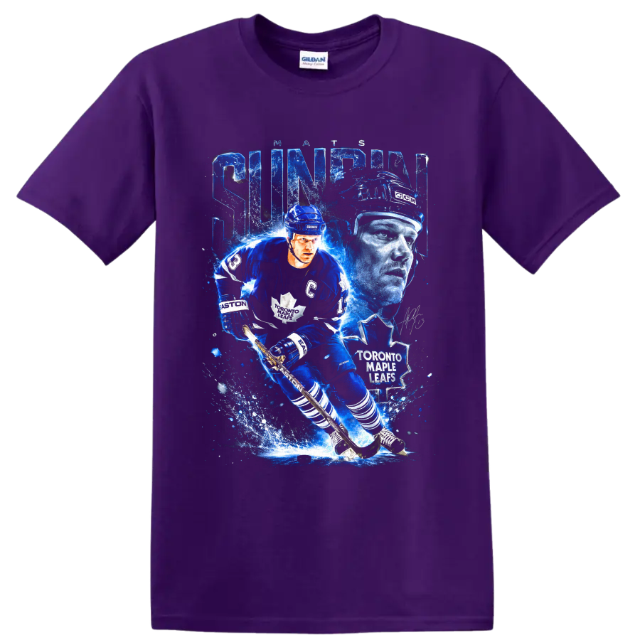Mats Sundin Toronto Maple Leafs hockey action collage with icy blue effects on a Purple T Shirt