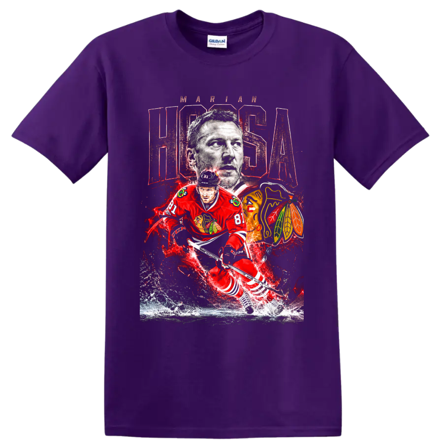 Marian Hossa Chicago Blackhawks number 81 portrait and action hockey graphic on a Purple T Shirt