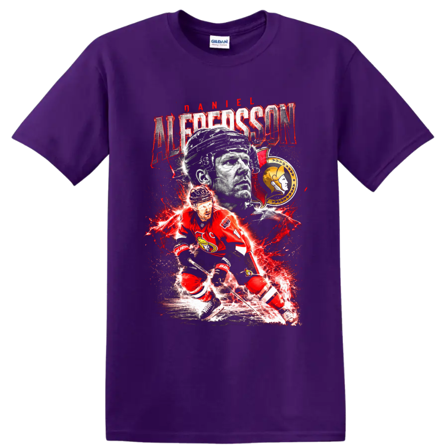 Daniel Alfredsson Ottawa Senators hockey portrait and action graphic with distressed on a Purple T Shirt