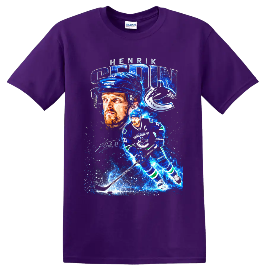 Henrik Sedin Vancouver Canucks captain electric blue hockey collage on a Purple T Shirt