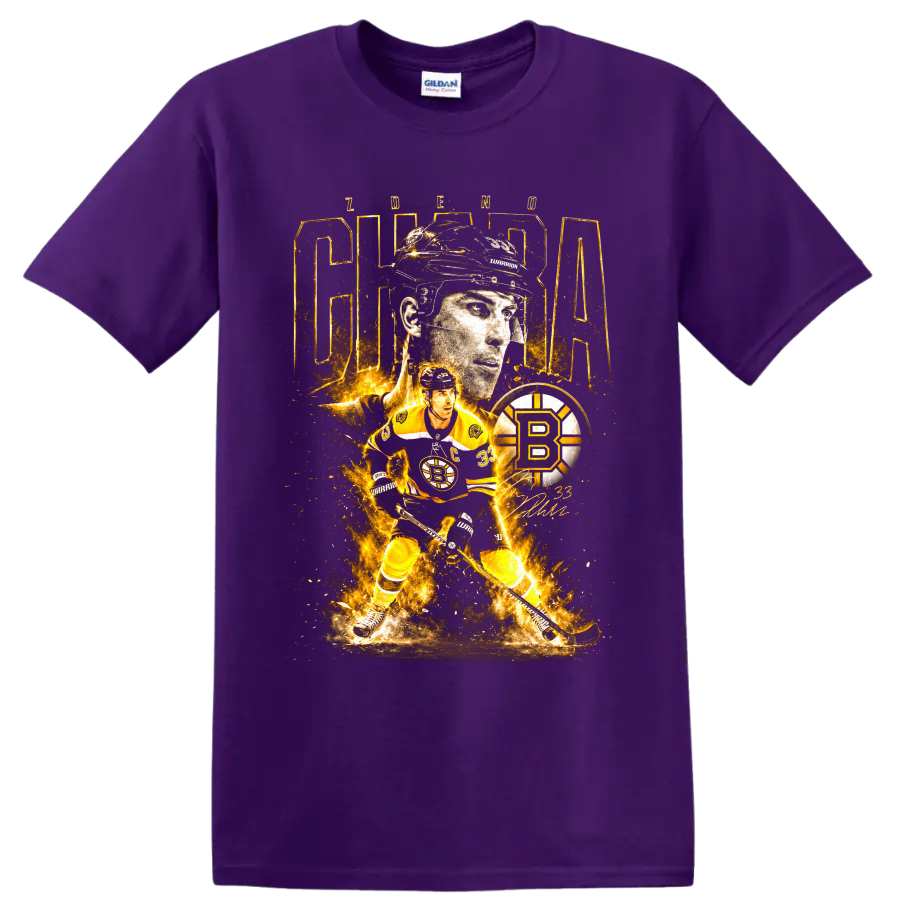 Zdeno Chara Boston Bruins fiery collage graphic with captain portrait and number 33 on a Purple T Shirt