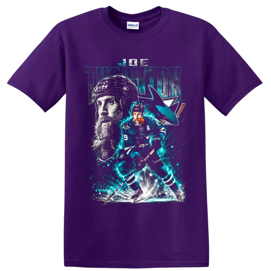 Joe Thornton San Jose Sharks hockey action collage with electric teal ice effects on a Purple T Shirt