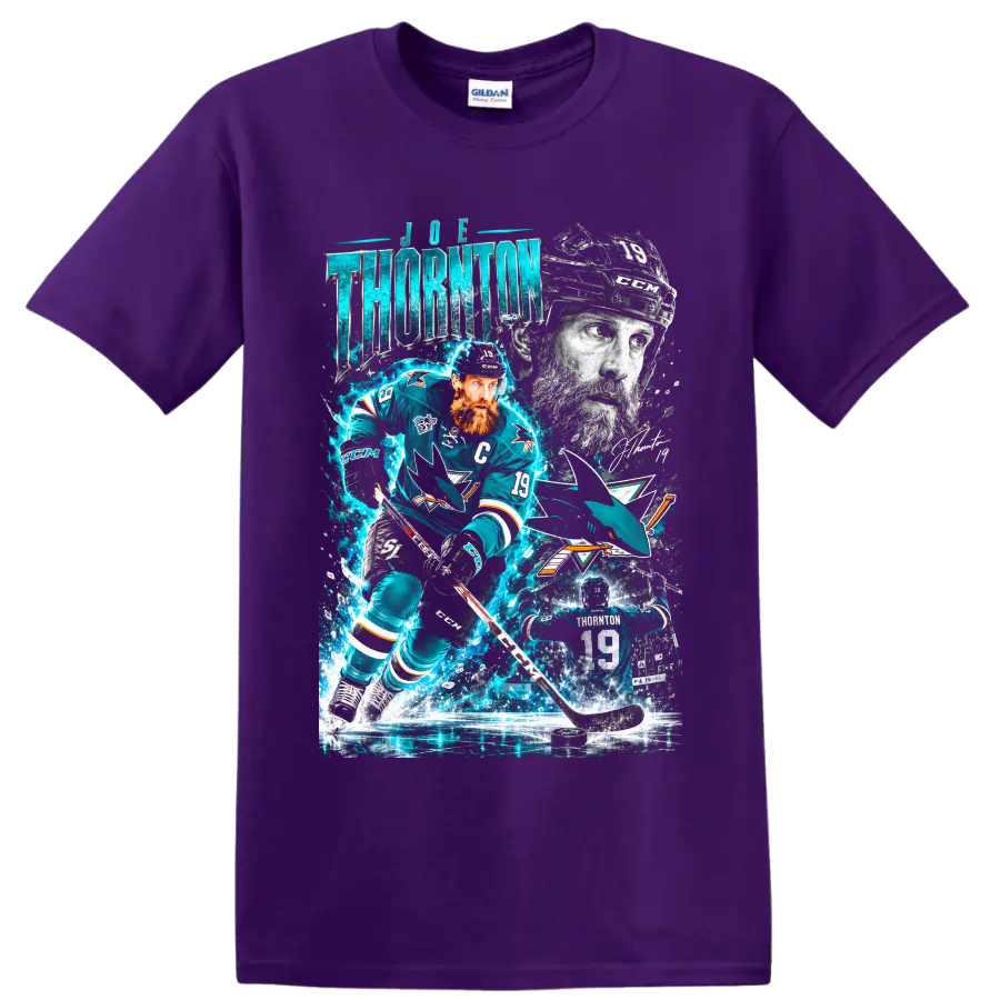 Joe Thornton San Jose Sharks hockey collage with number 19 action art and teal effects on a Purple T Shirt
