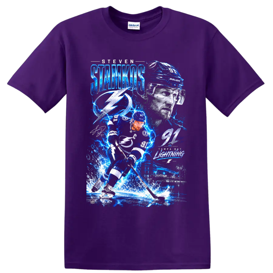 Steven Stamkos Tampa Bay Lightning number 91 electric hockey collage graphic on a Purple T Shirt
