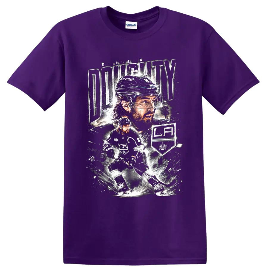 Drew Doughty Los Angeles Kings hockey portrait and skating action graphic on a Purple T Shirt