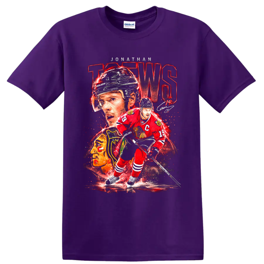 Jonathan Toews Blackhawks number 19 hockey collage with captain jersey and autograph on a Purple T Shirt