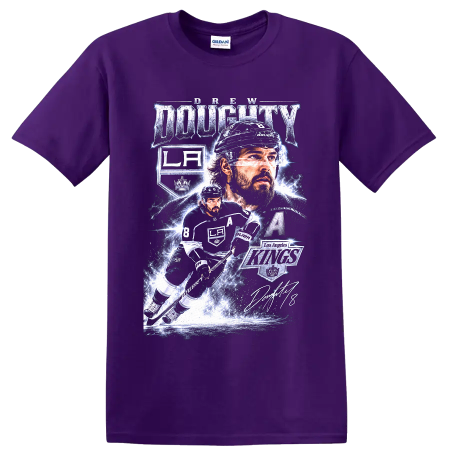 Drew Doughty Los Angeles Kings hockey action collage with number 8 and captain’s A on a Purple T Shirt