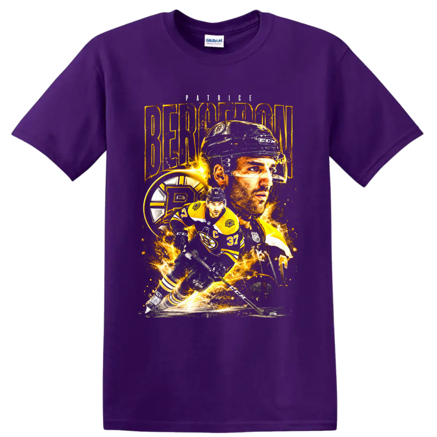 Patrice Bergeron Boston Bruins hockey player collage with gold sparks and action pose on a Purple T Shirt