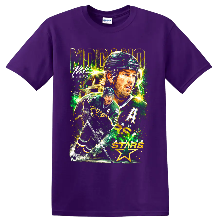 Mike Modano Dallas Stars hockey collage graphic with number 9 and star imagery on a Purple T Shirt