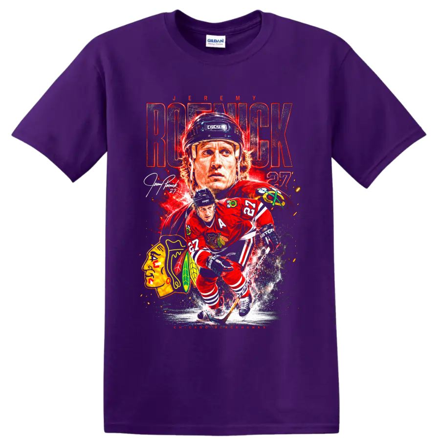 Jeremy Roenick Chicago Blackhawks hockey player collage with distressed ROENICK lettering on a Purple T Shirt