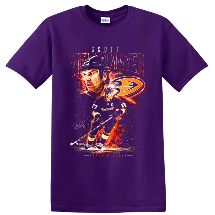 Scott Niedermayer Anaheim Ducks fiery hockey collage with captain jersey and team logo on a Purple T Shirt