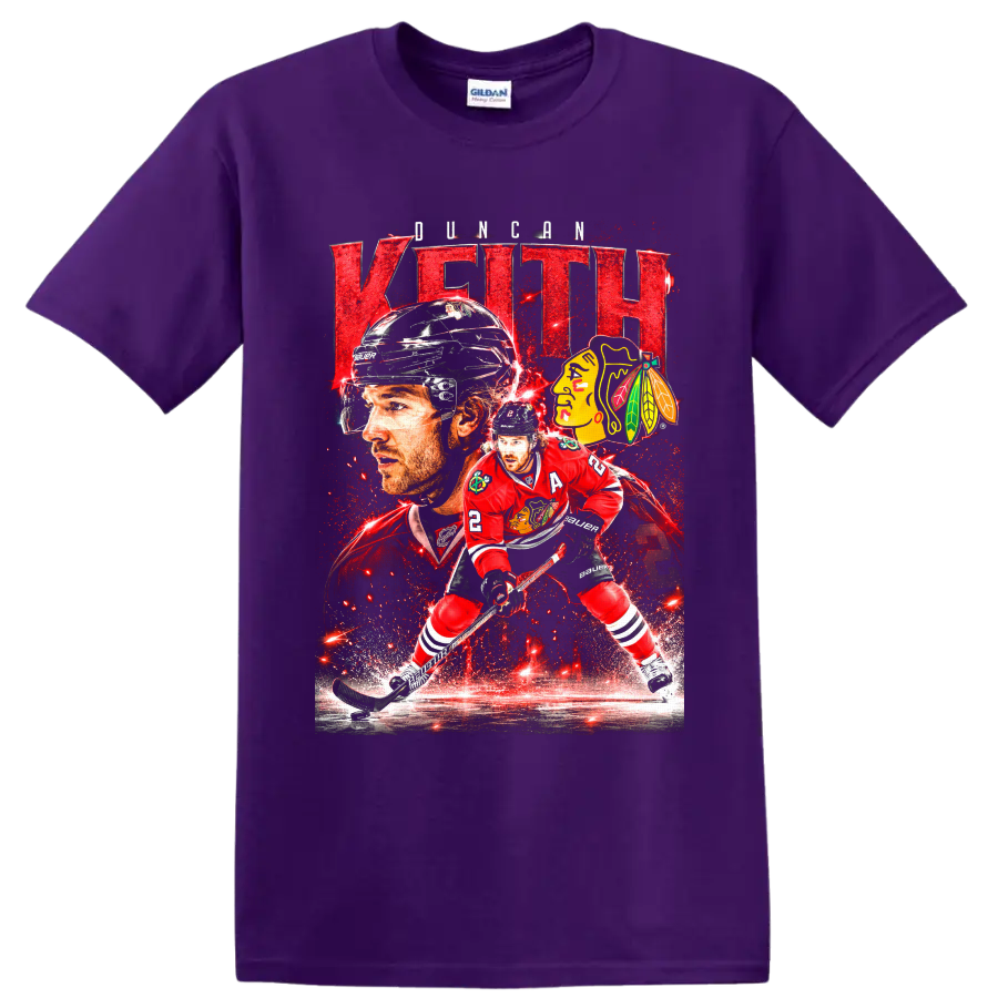 Duncan Keith Chicago Blackhawks hockey action collage with bold name text and team logo on a Purple T Shirt