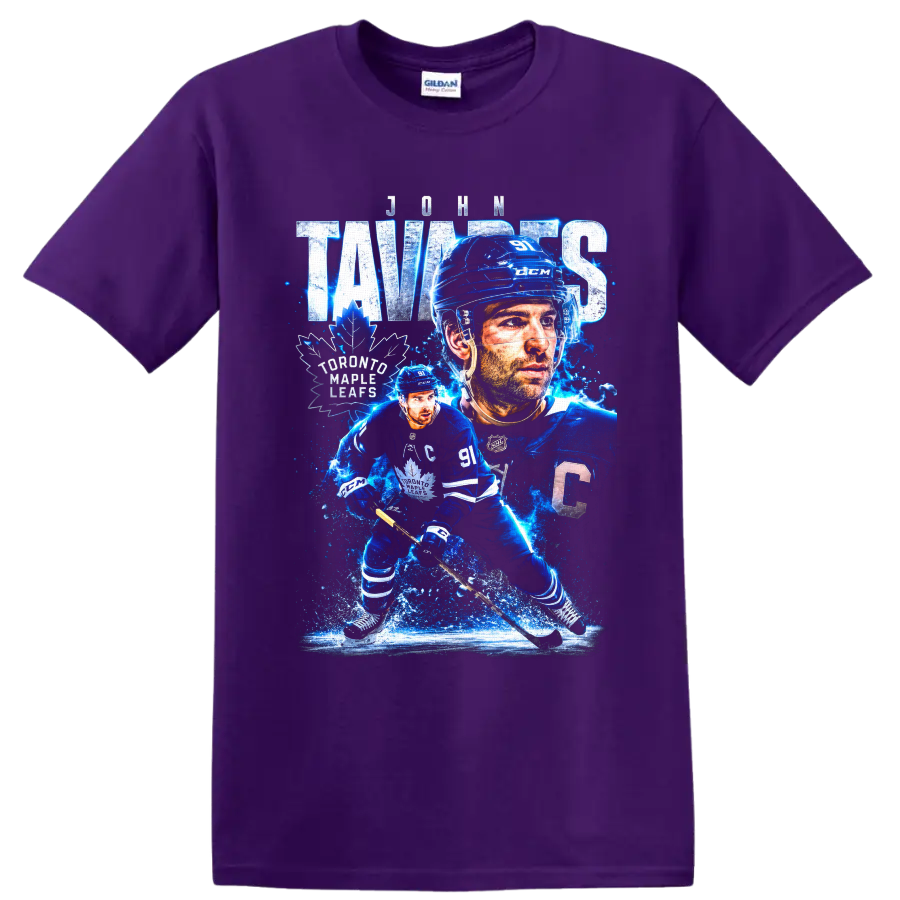 John Tavares Toronto Maple Leafs captain hockey collage with icy blue action art on a Purple T Shirt