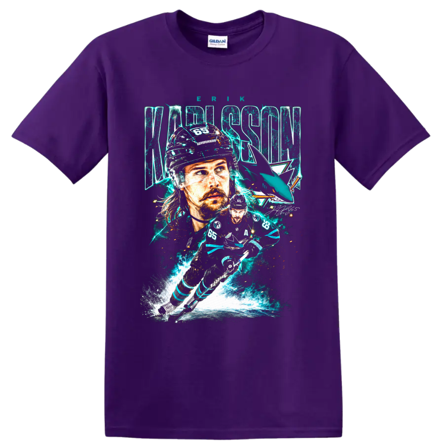 Erik Karlsson No. 65 San Jose Sharks hockey portrait and action collage graphic on a Purple T Shirt