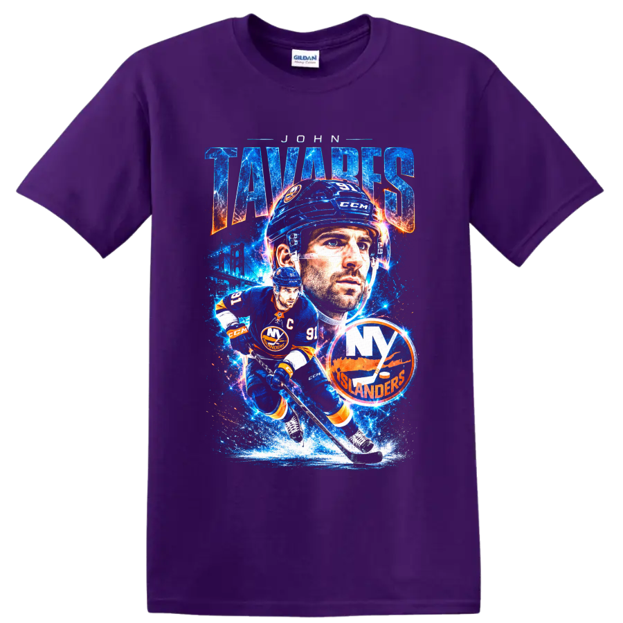 John Tavares New York Islanders cosmic hockey collage with number 91 on a Purple T Shirt