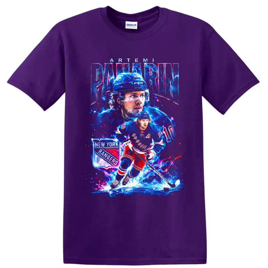 Artemi Panarin New York Rangers hockey action graphic with number 10 and ice effects on a Purple T Shirt