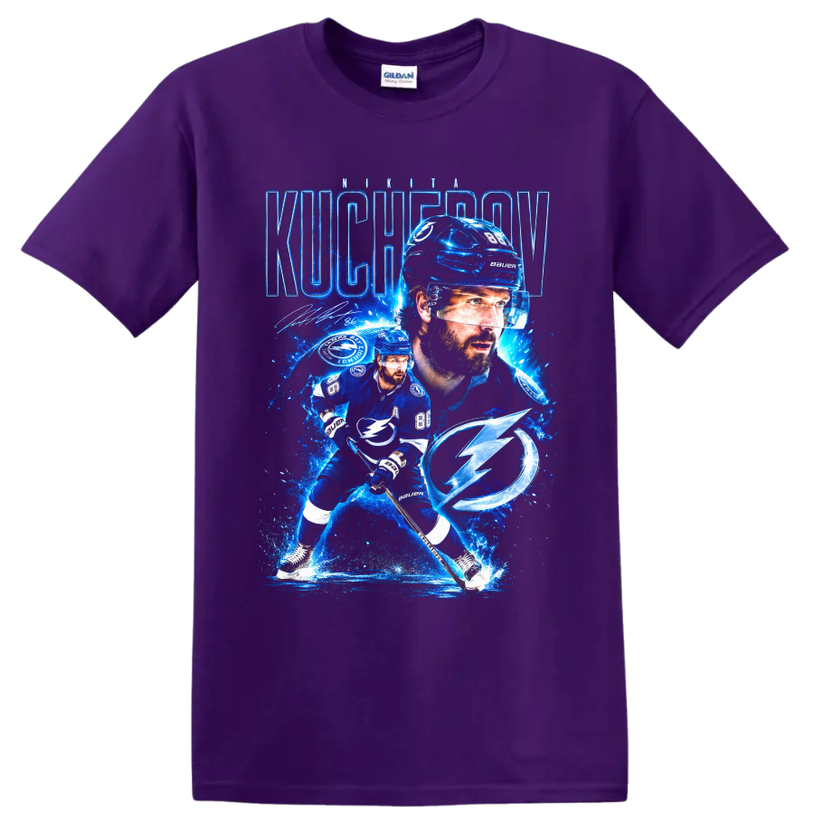 Nikita Kucherov Tampa Bay Lightning electric blue hockey portrait and action graphic on a Purple T Shirt