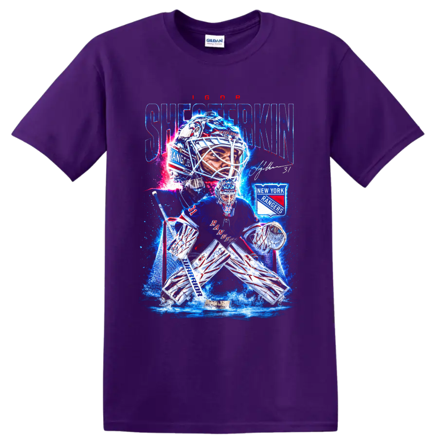 Igor Shesterkin New York Rangers goalie graphic with rink action and team crest on a Purple T Shirt