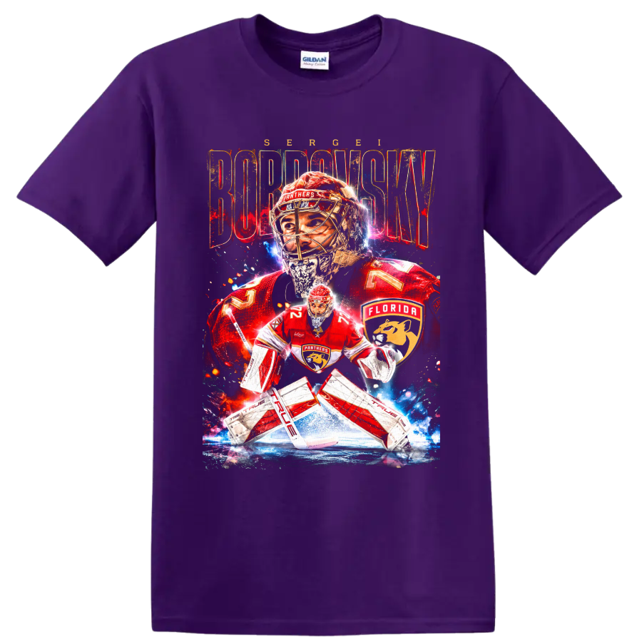 Sergei Bobrovsky Florida Panthers goaltender graphic with distressed name lettering on a Purple T Shirt