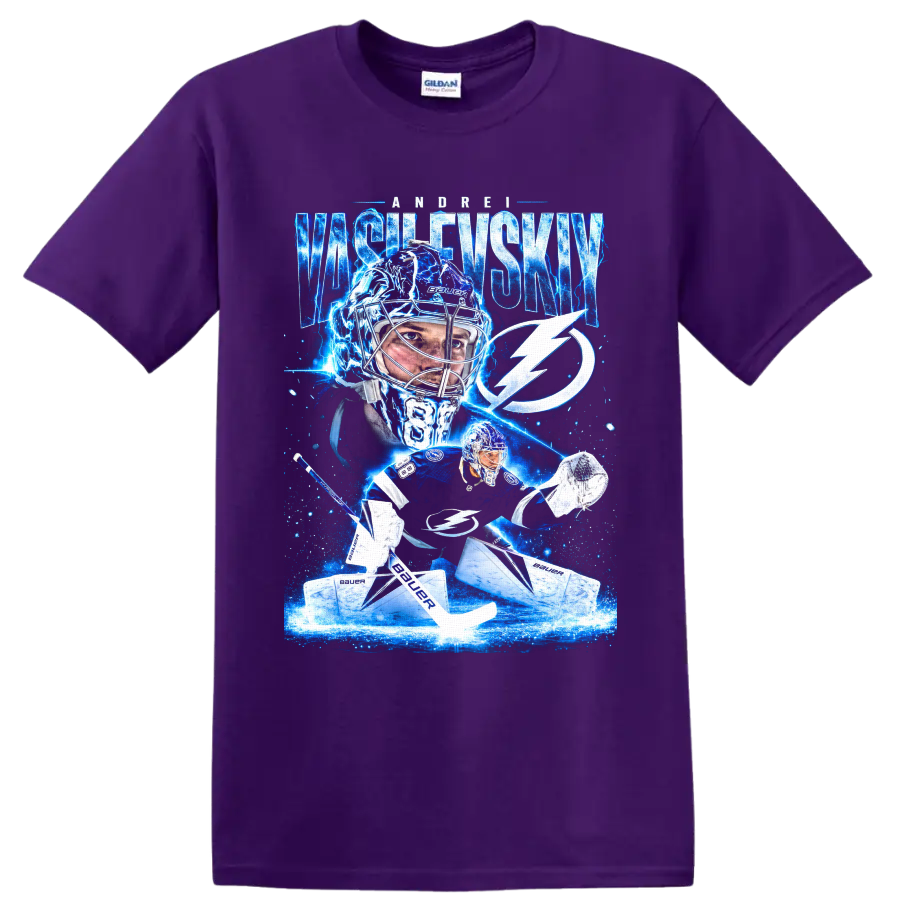 Andrei Vasilevskiy Tampa Bay Lightning goalie graphic with electric blue ice effects on a Purple T Shirt