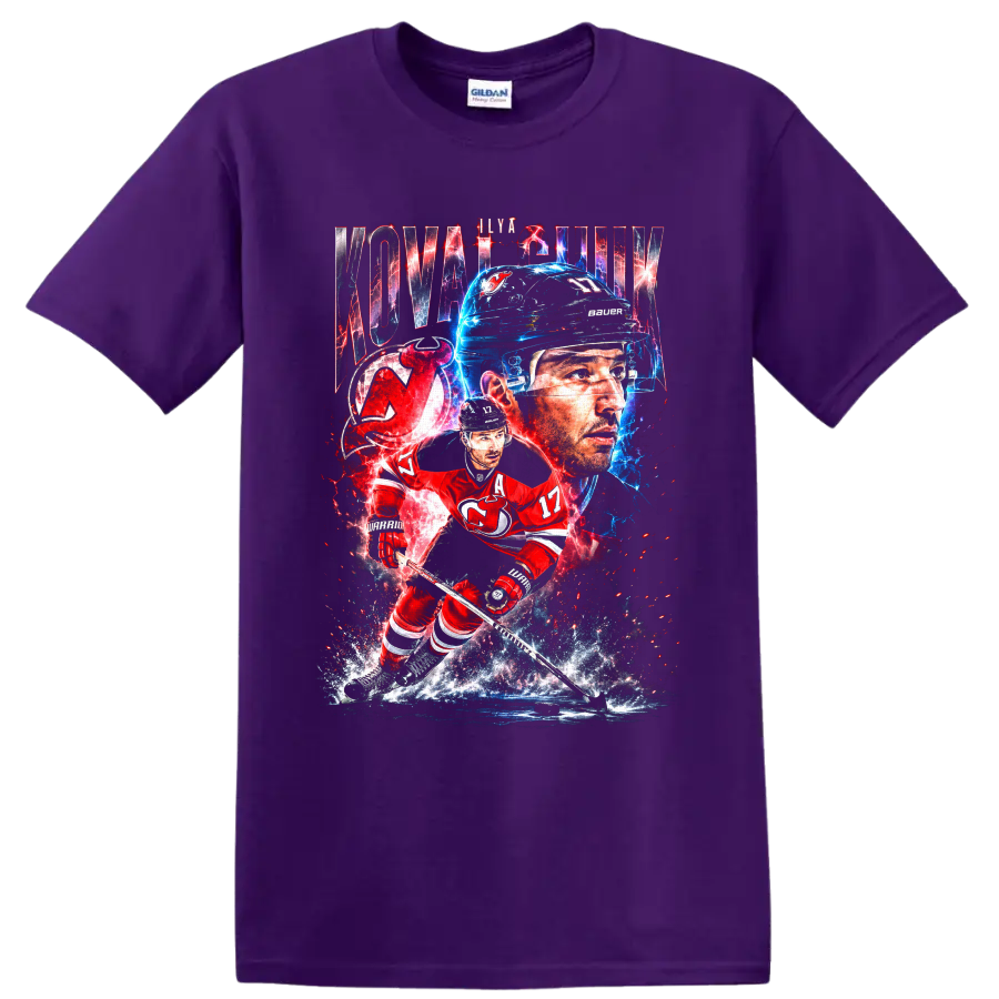 Ilya Kovalchuk New Jersey Devils electric hockey portrait and skating action art on a Purple T Shirt