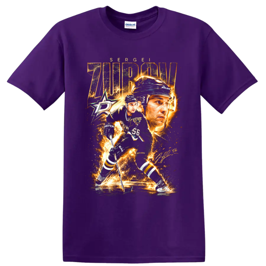 Sergei Zubov Dallas Stars hockey action portrait graphic with number 56 on a Purple T Shirt