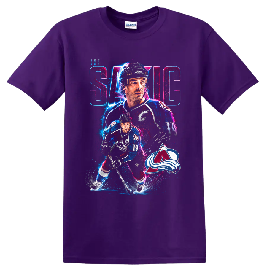 Joe Sakic Colorado Avalanche hockey collage with neon action effects and number 19 on a Purple T Shirt
