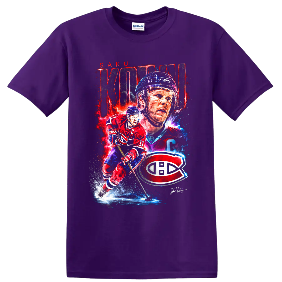 Saku Koivu Canadiens hockey graphic with action pose, portrait, KOIVU text and team emblem on a Purple T Shirt