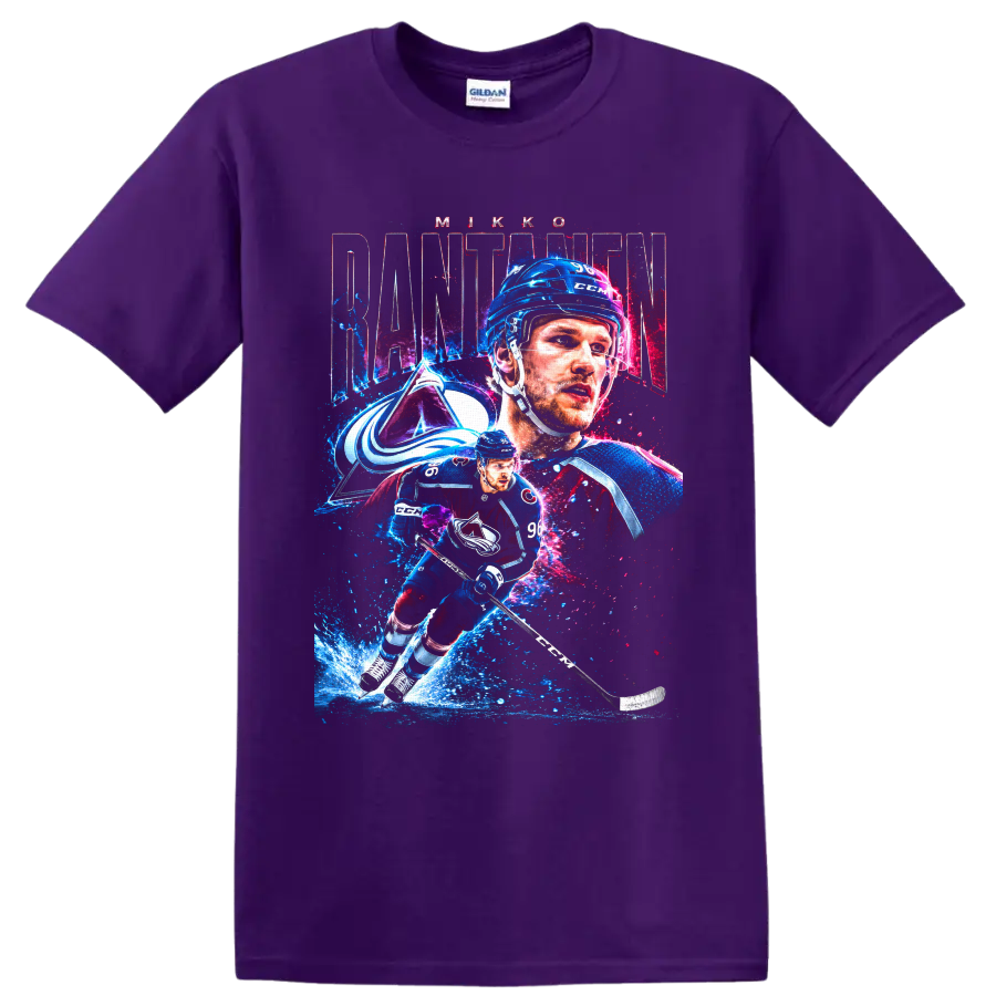 Mikko Rantanen Colorado Avalanche action hockey graphic with number 96 on a Purple T Shirt