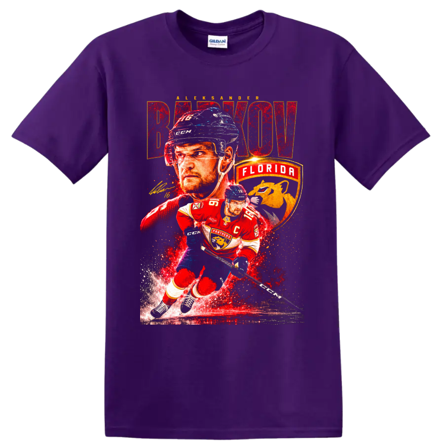 Aleksander Barkov Florida Panthers captain hockey collage with bold BARKOV lettering on a Purple T Shirt