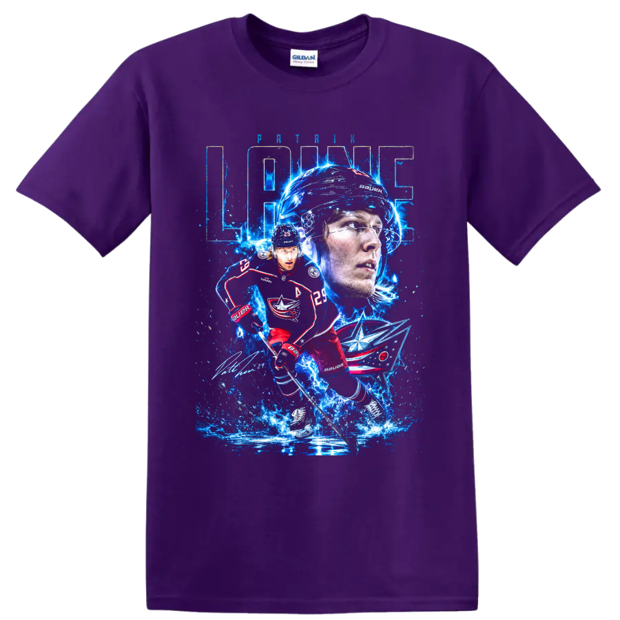 Patrik Laine Blue Jackets electric ice hockey portrait and action graphic on a Purple T Shirt
