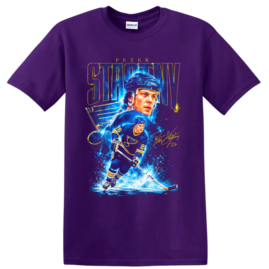 Peter Stastny St. Louis Blues hockey portrait and skating action graphic with #26 on a Purple T Shirt