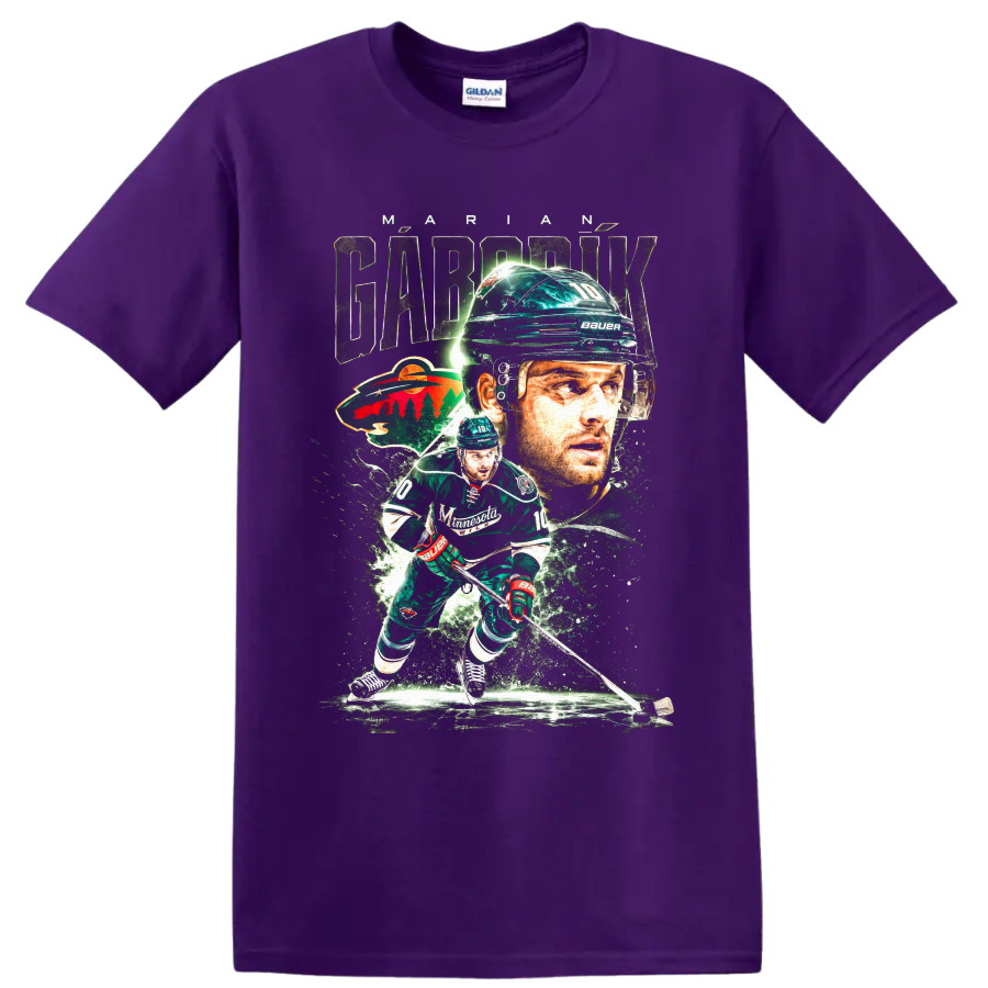 Marian Gaborik Minnesota Wild hockey action collage graphic with number 10 on a Purple T Shirt
