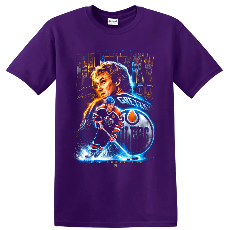 Wayne Gretzky Oilers 99 hockey collage with action art and The Great One text on a Purple T Shirt