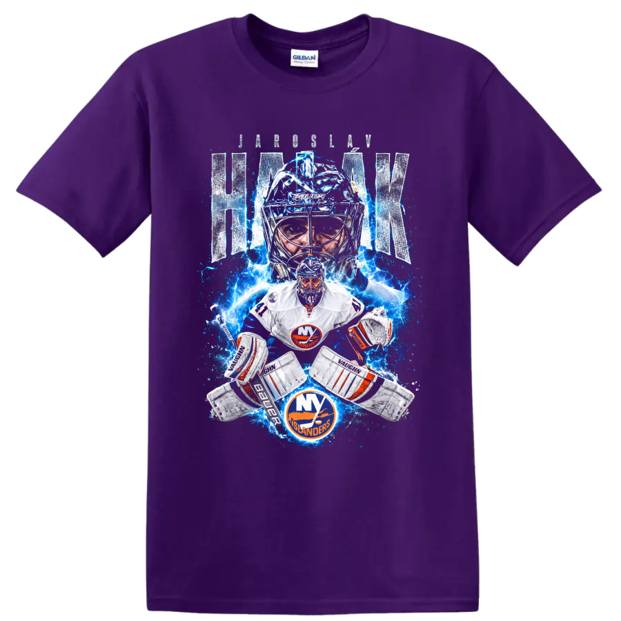 Jaroslav Halak New York Islanders goalie graphic with lightning and distressed name text on a Purple T Shirt
