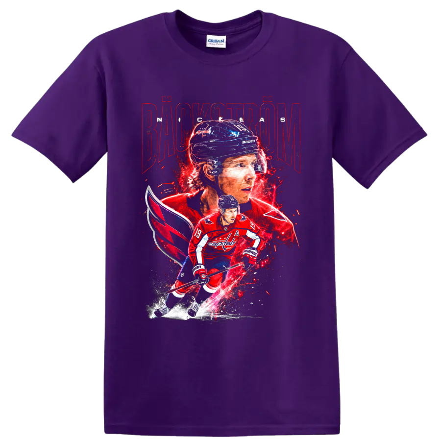 Nicklas Backstrom Washington Capitals hockey portrait and skating action graphic on a Purple T Shirt