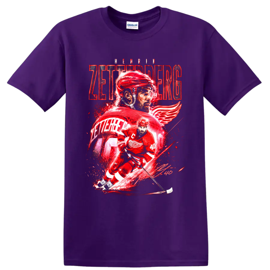 Henrik Zetterberg Red Wings number 40 hockey action graphic with bold red lettering on a Purple T Shirt