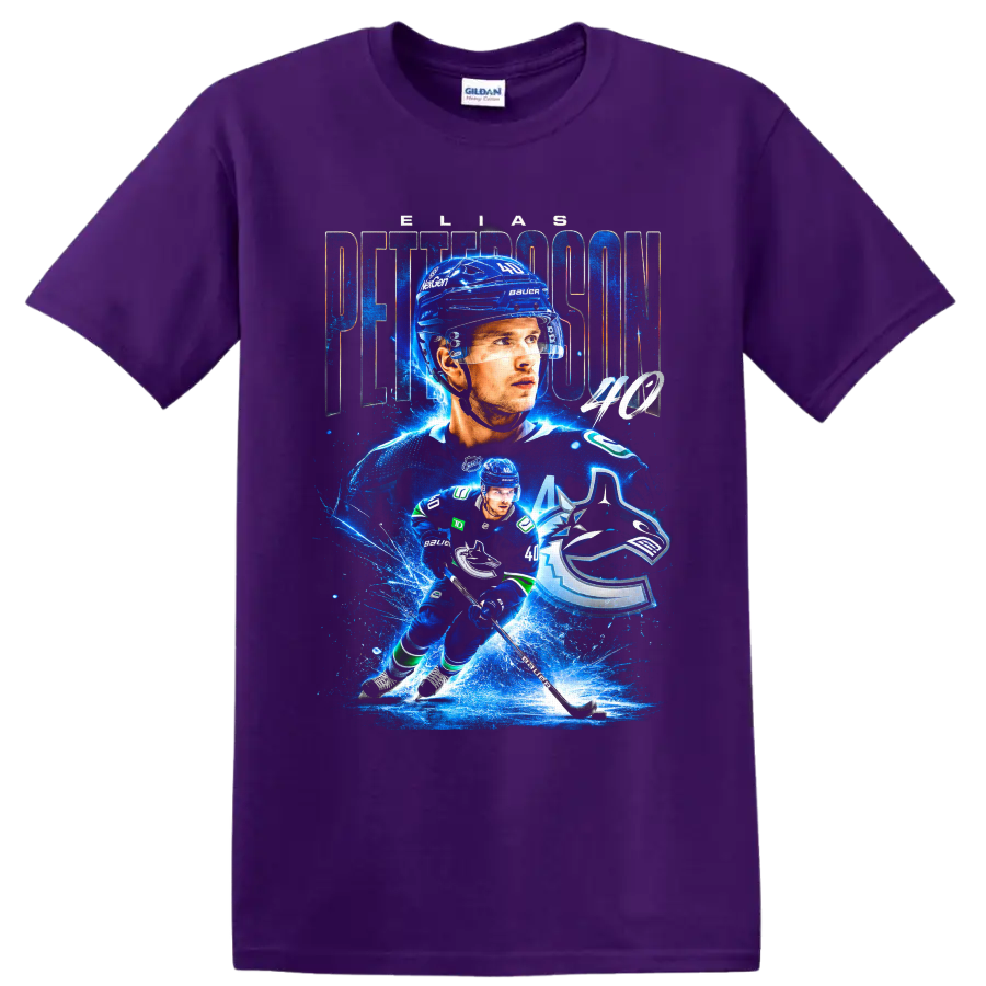 Elias Pettersson Vancouver Canucks blue hockey collage with number 40 and team logo on a Purple T Shirt