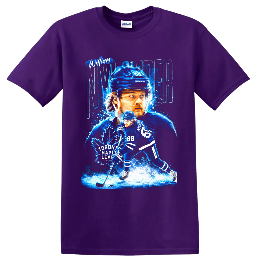 William Nylander Toronto Maple Leafs number 88 electric blue hockey graphic on a Purple T Shirt