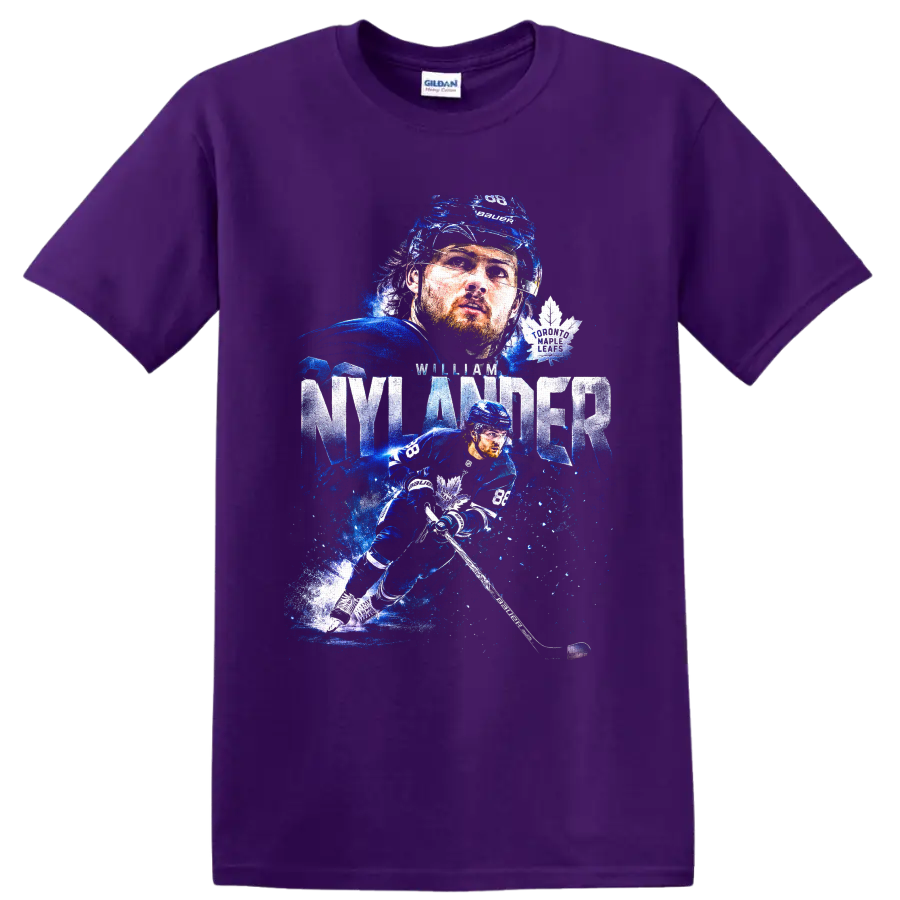 William Nylander Toronto Maple Leafs icy blue hockey action graphic with No. 88 on a Purple T Shirt