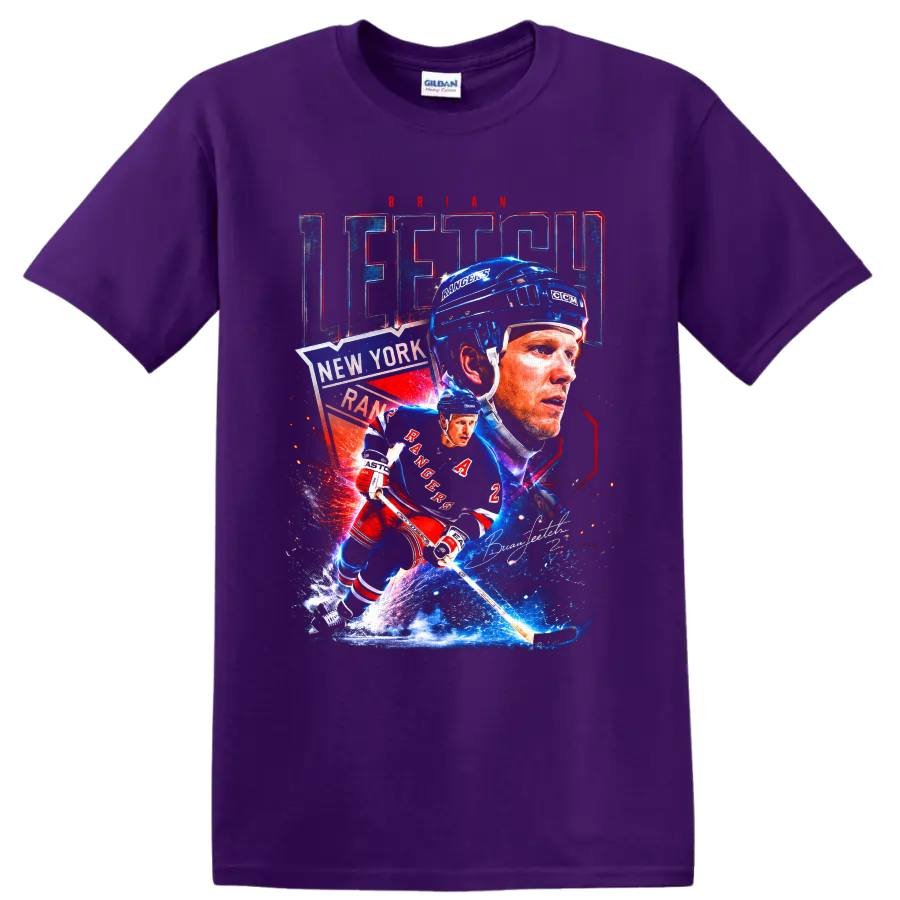 Brian Leetch New York Rangers retro hockey collage with action pose and signature on a Purple T Shirt