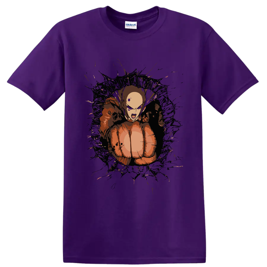 Saitama in a distressed anime action graphic from One-Punch Man on a Purple T Shirt