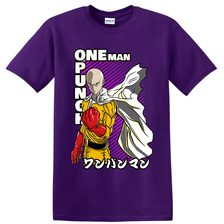 Saitama One-Punch Man action graphic with red glove, flowing cape, and magenta stripes on a Purple T Shirt
