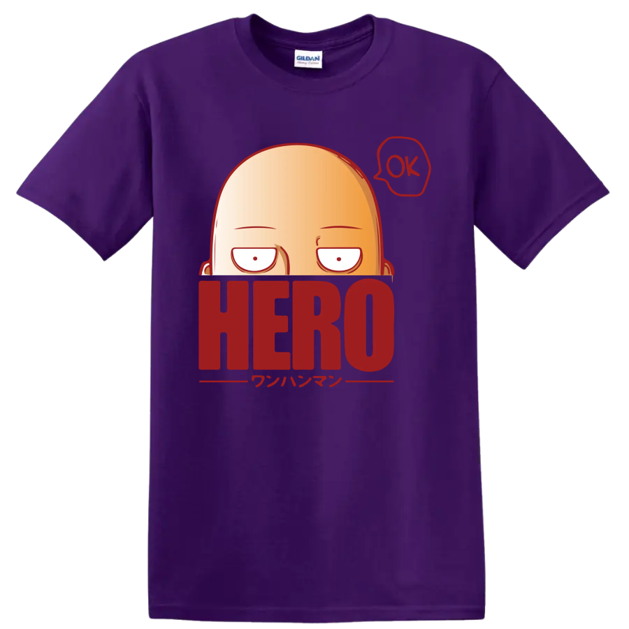 Saitama peeking over HERO lettering in a bold One-Punch Man cartoon graphic on a Purple T Shirt