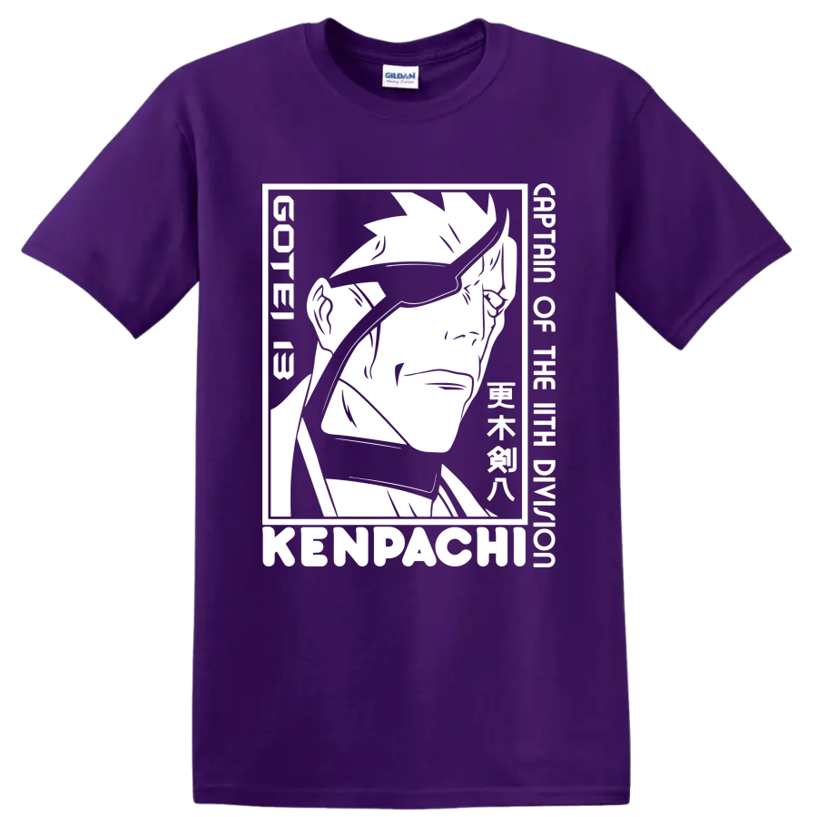 Kenpachi Zaraki black-and-white manga-style swordsman portrait graphic on a Purple T Shirt