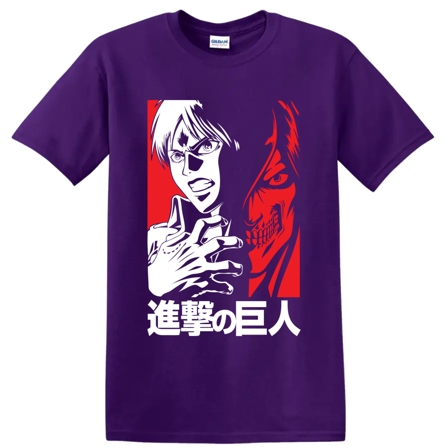 Eren Yeager and Attack Titan split-profile anime graphic on a Purple T Shirt